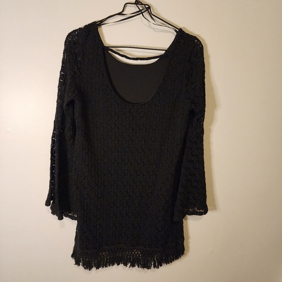Forever 21 Boho lined Crochet MIni Dress Bell Sleeve Fringed Hem Large - Picture 6 of 7